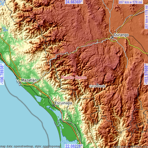 Topographic map of Pueblo Nuevo