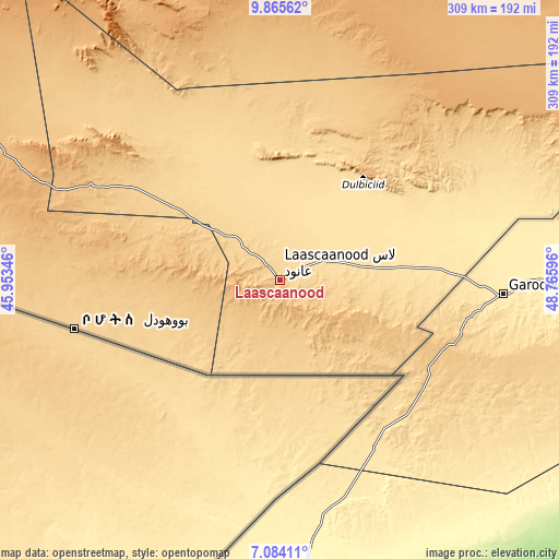 Topographic map of Laascaanood