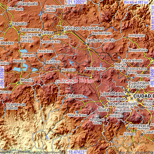 Topographic map of El Oro de Hidalgo