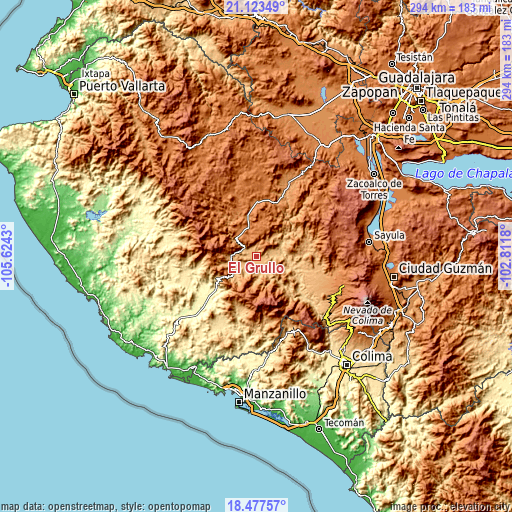 Topographic map of El Grullo