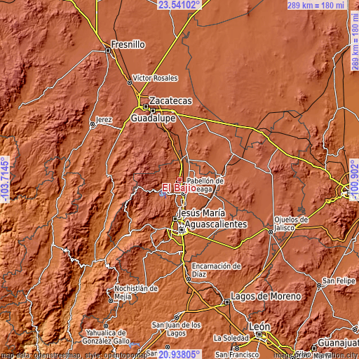 Topographic map of El Bajío