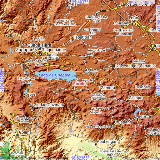 Topographic map of Morelos