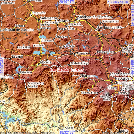 Topographic map of San Bartolo Cuitareo