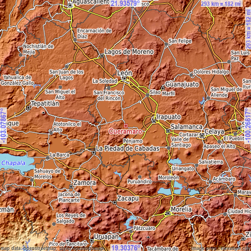 Topographic map of Cuerámaro