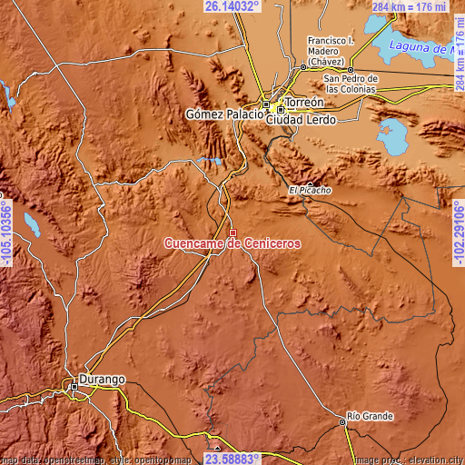 Topographic map of Cuencamé de Ceniceros