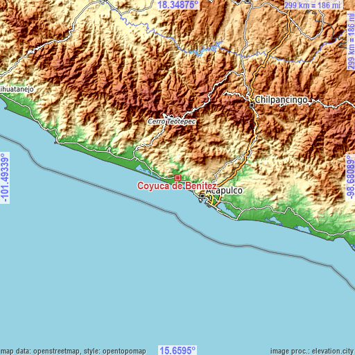 Topographic map of Coyuca de Benítez