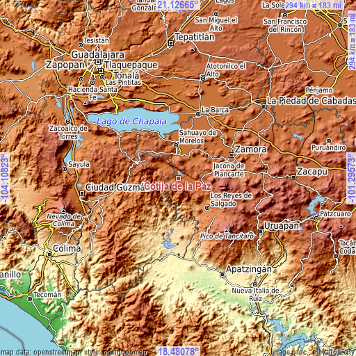 Topographic map of Cotija de la Paz