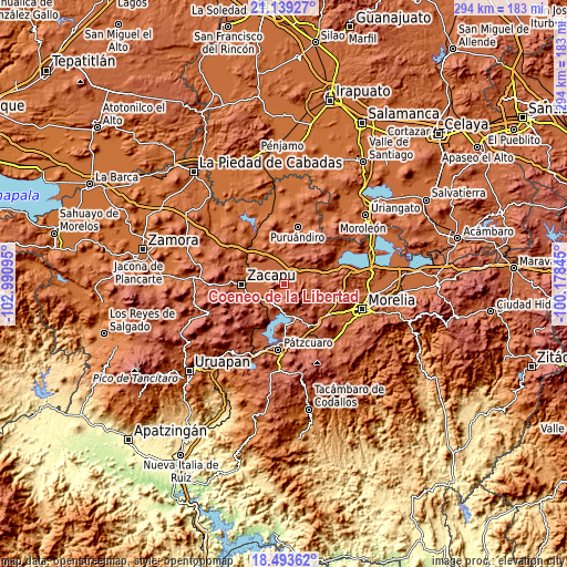 Topographic map of Coeneo de la Libertad