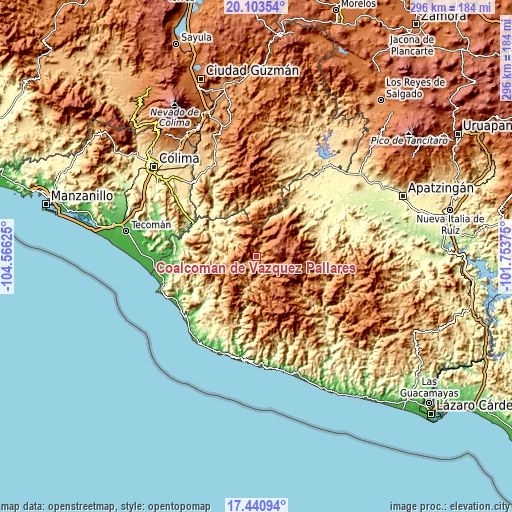 Topographic map of Coalcomán de Vázquez Pallares