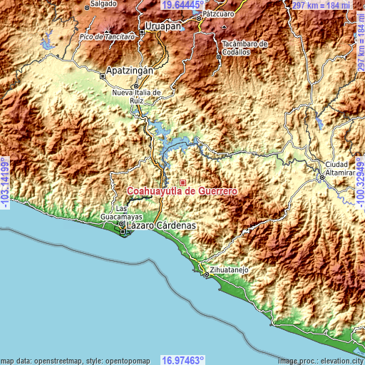 Topographic map of Coahuayutla de Guerrero