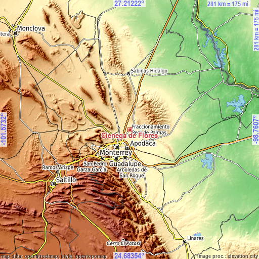 Topographic map of Ciénega de Flores