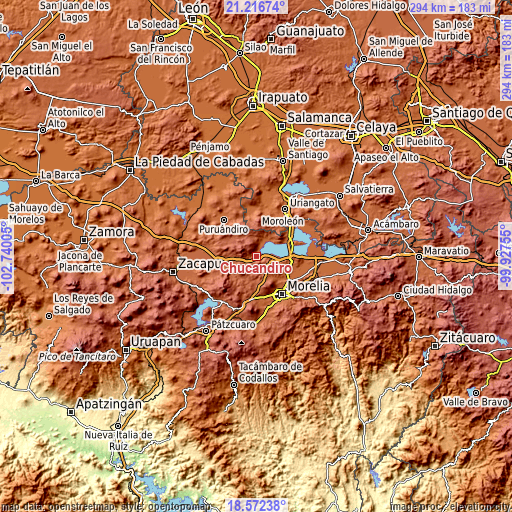 Topographic map of Chucándiro