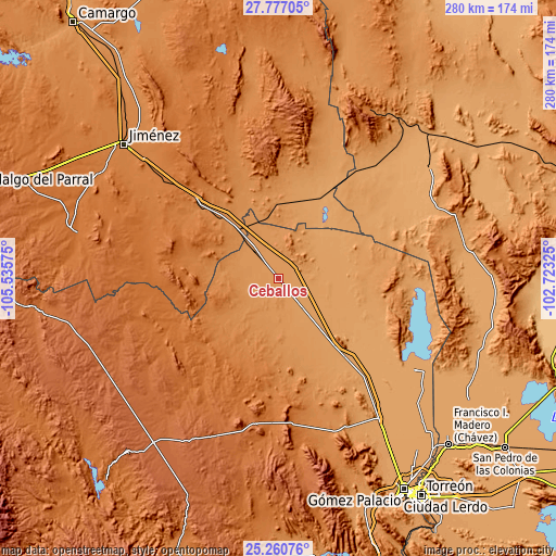 Topographic map of Ceballos