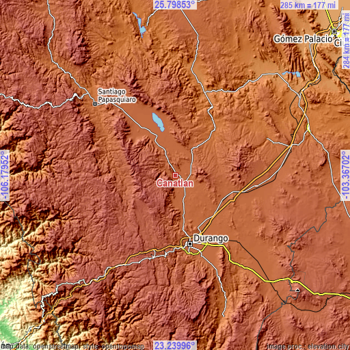 Topographic map of Canatlán
