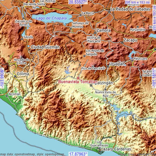 Topographic map of Buenavista Tomatlán