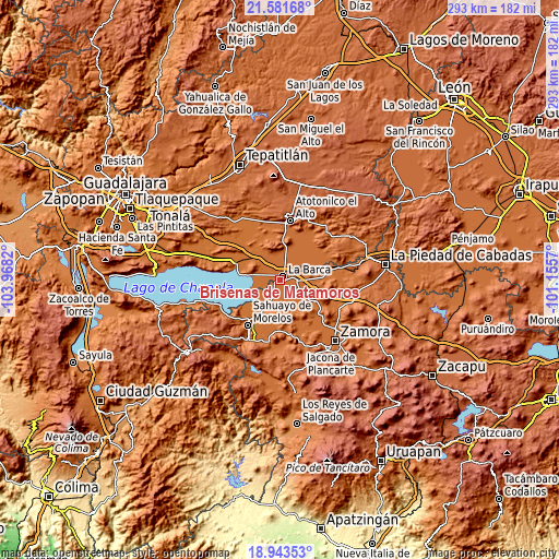 Topographic map of Briseñas de Matamoros