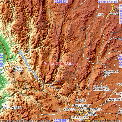 Topographic map of San Martín de Bolaños