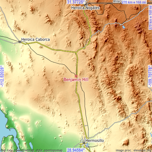 Topographic map of Benjamín Hill