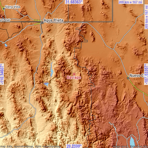 Topographic map of Bavispe