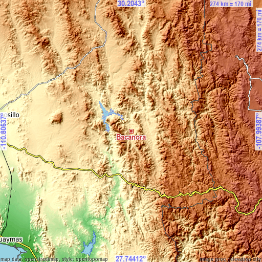 Topographic map of Bacanora