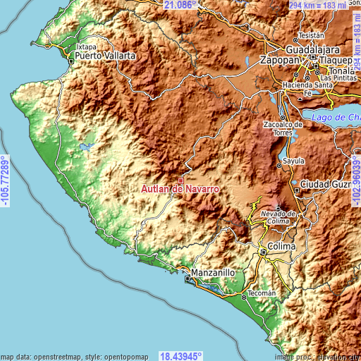 Topographic map of Autlán de Navarro