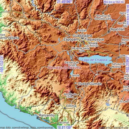 Topographic map of Atemajac de Brizuela