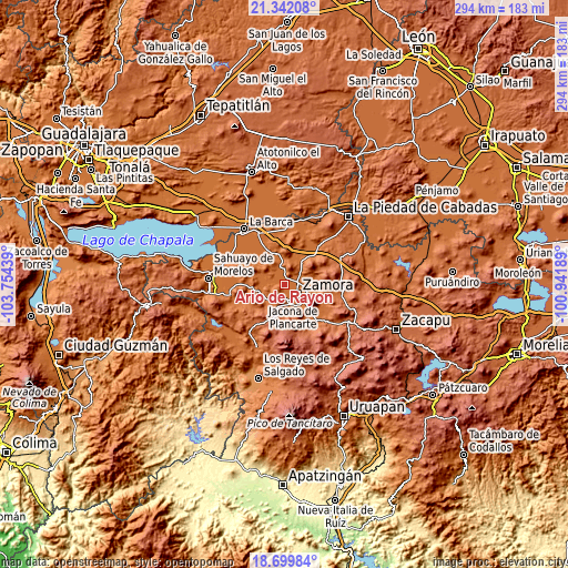 Topographic map of Ario de Rayón