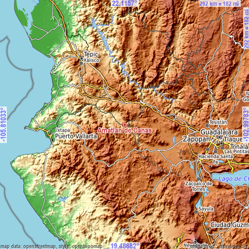 Topographic map of Amatlán de Cañas