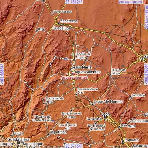 Topographic map of Aguascalientes