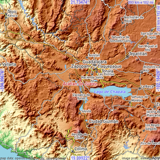 Topographic map of Acatlán de Juárez