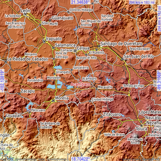 Topographic map of Acámbaro