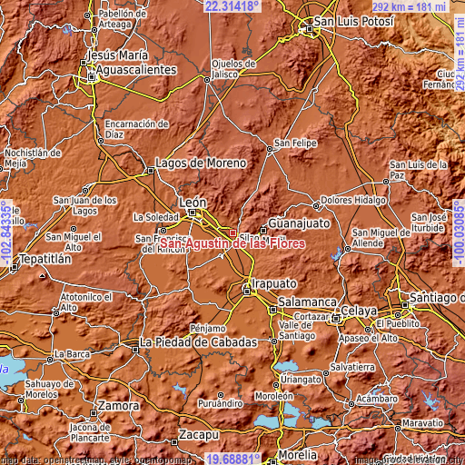 Topographic map of San Agustín de las Flores