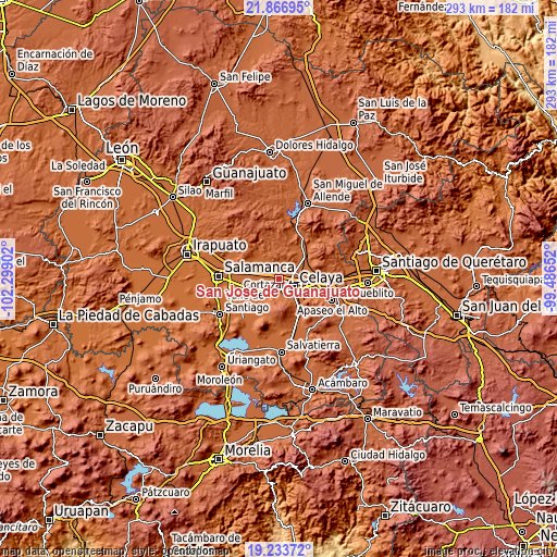 Topographic map of San José de Guanajuato