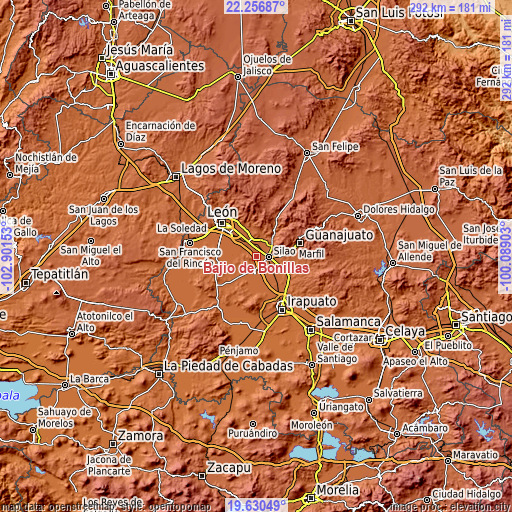 Topographic map of Bajío de Bonillas