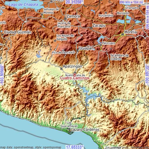 Topographic map of Cuatro Caminos