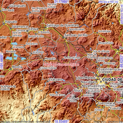 Topographic map of Santiago Coachochitlan