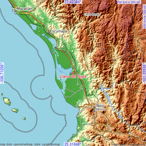 Topographic map of Llano del Tigre