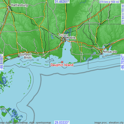 Topographic map of Dauphin Island