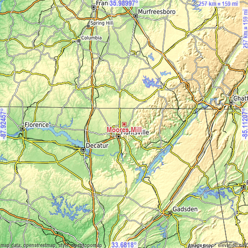 Topographic map of Moores Mill