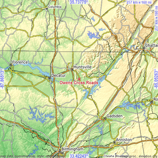 Topographic map of Owens Cross Roads