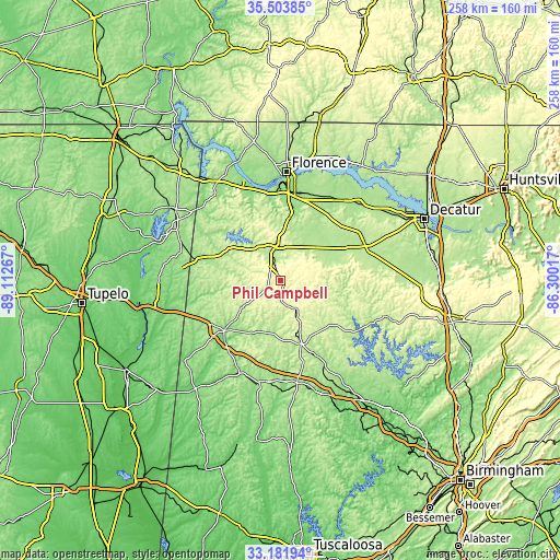 Topographic map of Phil Campbell