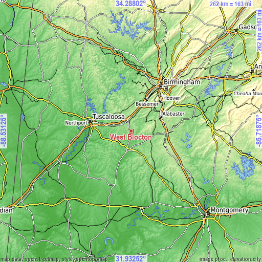 Topographic map of West Blocton