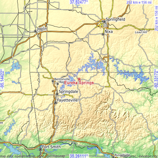 Topographic map of Eureka Springs