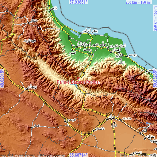 Topographic map of Pā’īn-e Bāzār-e Rūdbār
