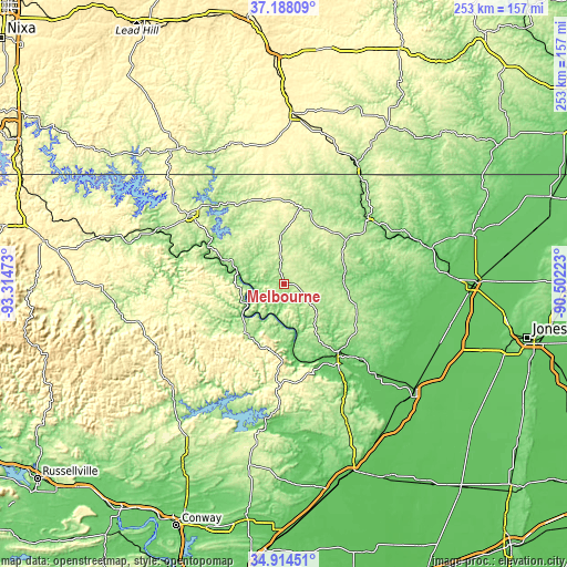 Topographic map of Melbourne