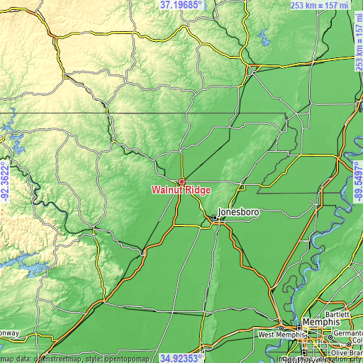 Topographic map of Walnut Ridge