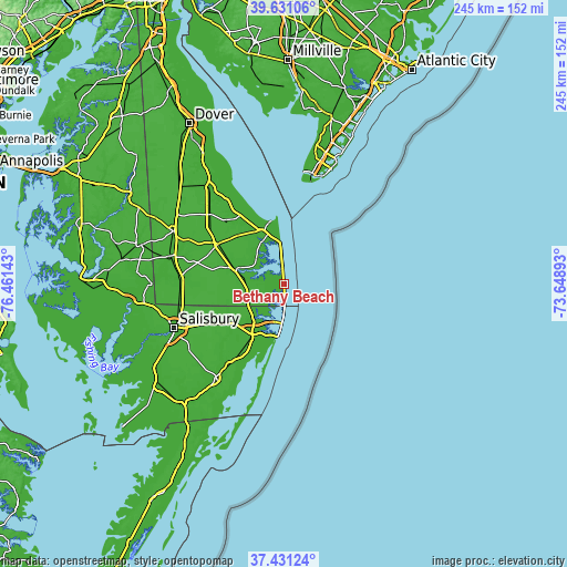 Topographic map of Bethany Beach