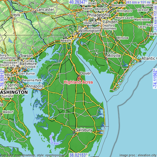 Topographic map of Highland Acres