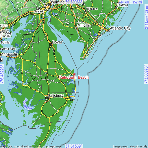 Topographic map of Rehoboth Beach