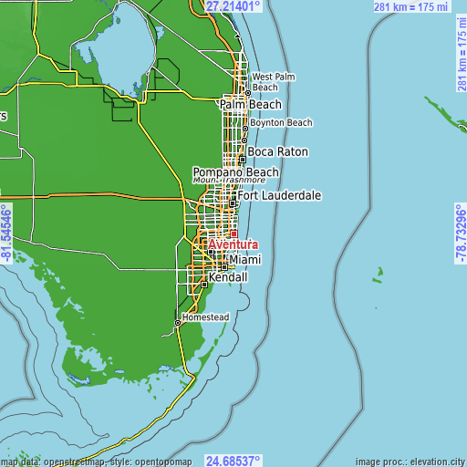 Topographic map of Aventura